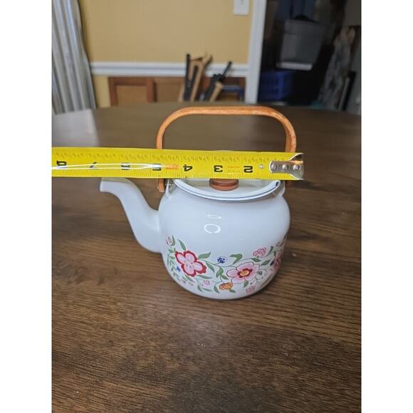 Vintage 80s Gailstyn-Sutton Enamelware Teapot Kettle Country Flower Wood Handle - Picture 6 of 16
